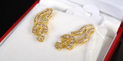 Lot 210D - A pair of yellow metal and gem set pendant...