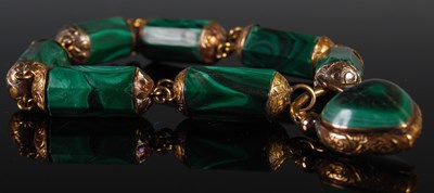Lot 38 - A yellow metal mounted malachite bracelet with...