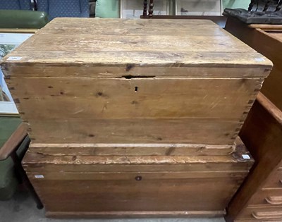 Lot 799 - Two vintage pine twin handled blanket boxes,...