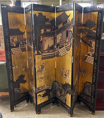 Lot 804 - A Chinese six fold ebonised lacquer and gilt...
