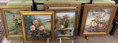 Lot 822 - A group of six decorative pictures to include...