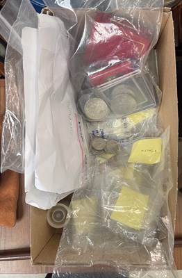 Lot 468 - A box of assorted banknotes and coinage to...