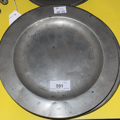 Lot 591 - Six various 18th century pewter dinner plates:...