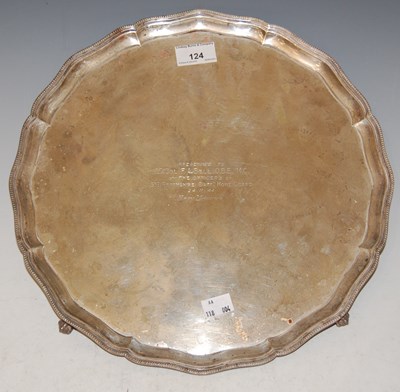 Lot 124 - A Birmingham silver presentation salver,...