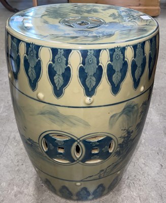 Lot 715 - A Chinese porcelain blue and white barrel...