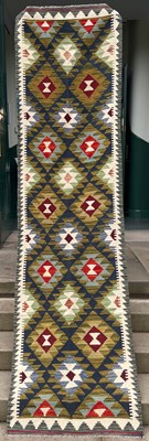 Lot 911 - A Maimana Kilim runner, the blue ground worked...