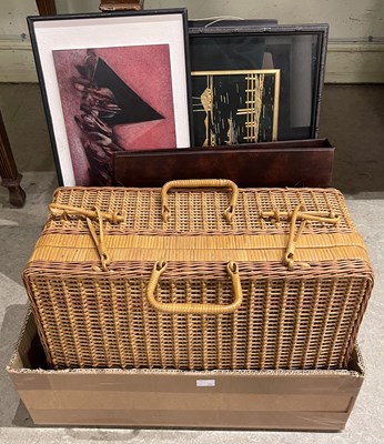 Lot 838 - A box to include a wicker picnic basket, Asian...