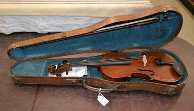 Lot 547 - An antique violin with scroll carved neck and...