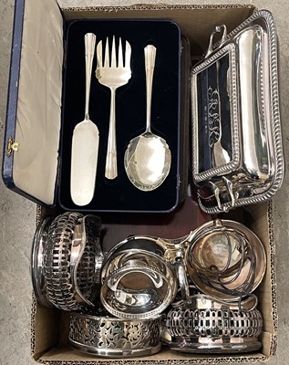 Lot 381 - A box of assorted silver plated ware, to...