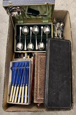 Lot 383 - A box of assorted silver plated and stainless...