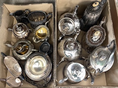 Lot 384 - Two boxes of assorted silver plated ware, to...