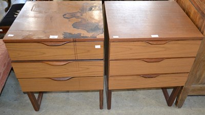 Lot 566 - A pair of mid-century three drawer bedsides,...
