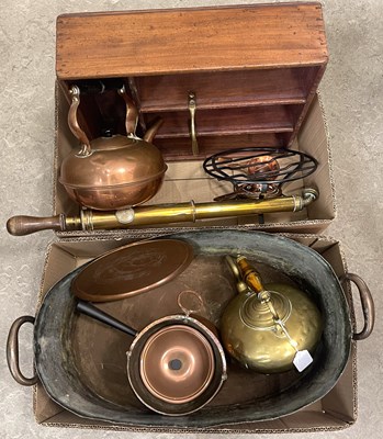 Lot 390 - Two boxes of assorted copper and brassware to...