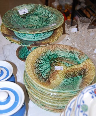 Lot 345 - A group of eleven Majolica Begonia pattern...