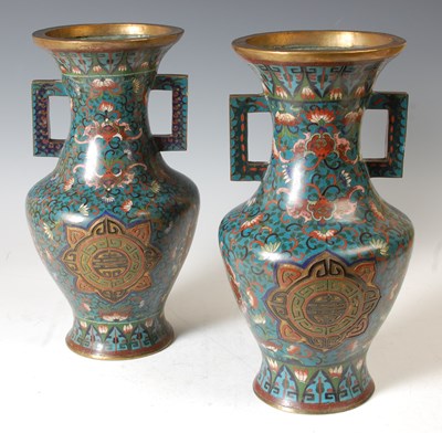 Lot 286 - A pair of Chinese twin handled cloisonne vases,...