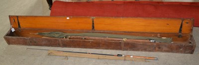 Lot 711 - A pine wood fishing rod travel case, the top...