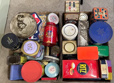 Lot 466 - Two boxes of assorted tin boxes, to include a...