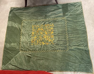 Lot 475 - A large sage green velvet blanket, the central...