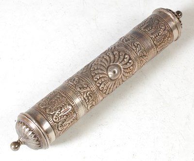 Lot 131 - A Middle Eastern white metal scroll / document...