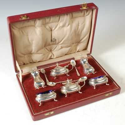Lot 147 - A Birmingham silver six piece cruet set in...