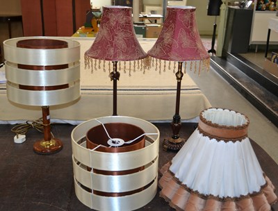 Lot 396 - A pair of table lamps and shades, the shades...