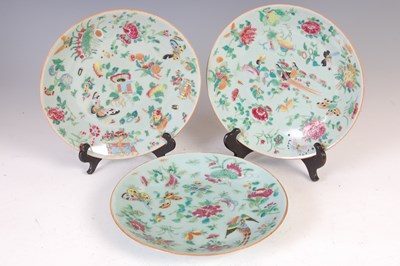 Lot 368 - Three Chinese porcelain celadon ground famille...