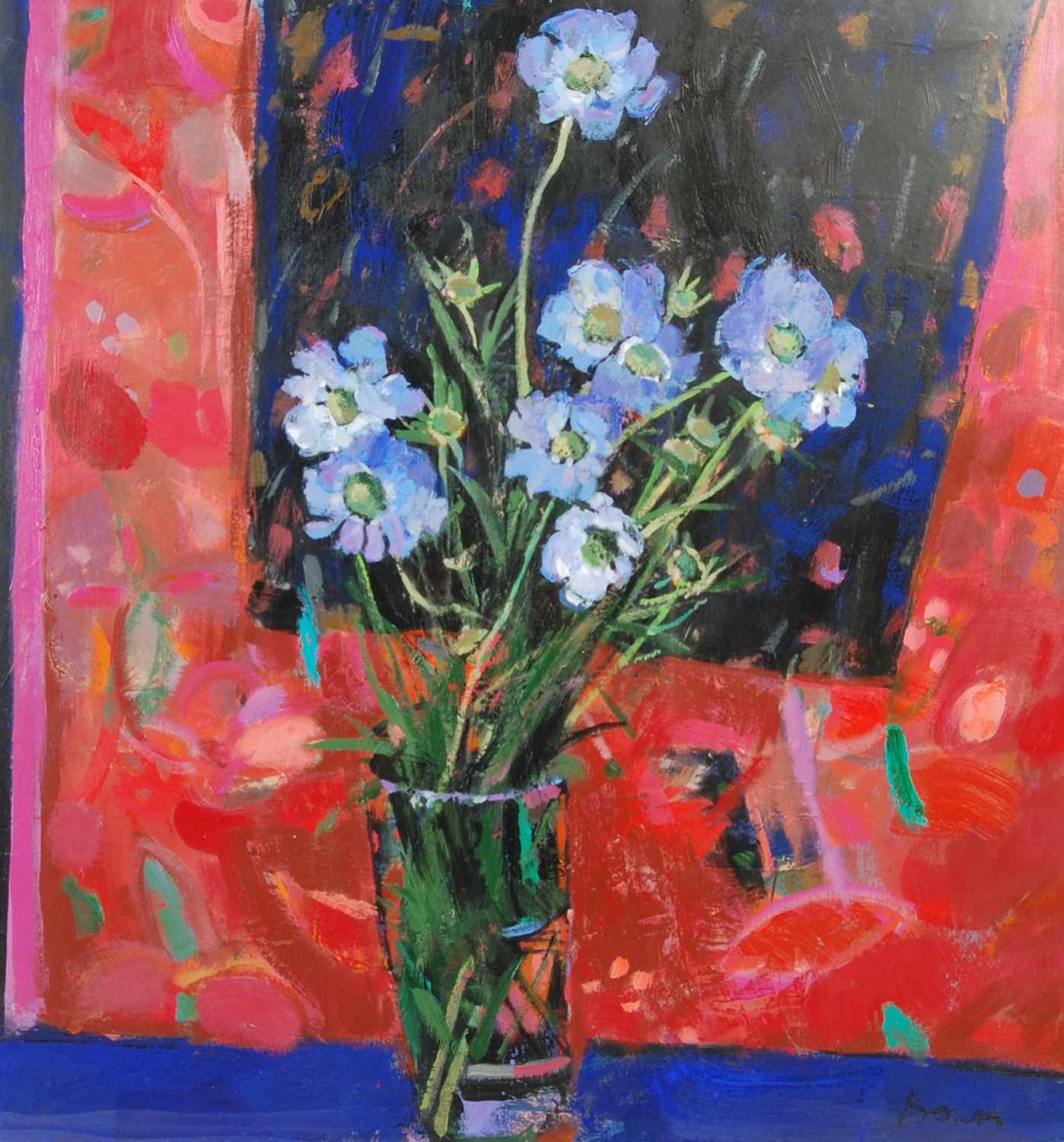 Lot 380 - AR John Brown RSW (b.1945) Blue Scabious oil...