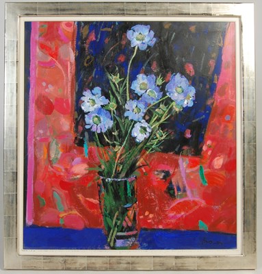 Lot 380 - AR John Brown RSW (b.1945) Blue Scabious oil...
