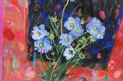 Lot 380 - AR John Brown RSW (b.1945) Blue Scabious oil...