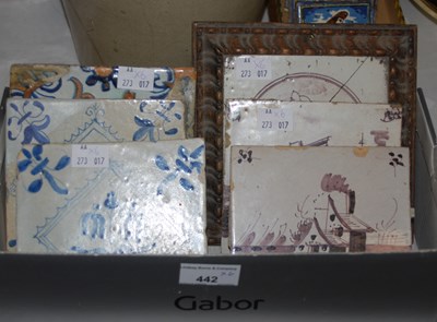 Lot 442 - Five Delft decorative tiles and one other.