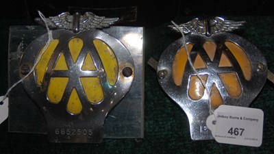 Lot 467 - Two AA car badges numbers 6B52505, and 1E84264.