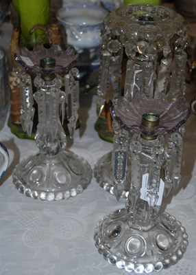 Lot 541 - A pair of antique glass lustres with purple...