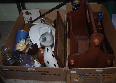 Lot 627 - Two boxes of mixed items, ceramics, wooden...