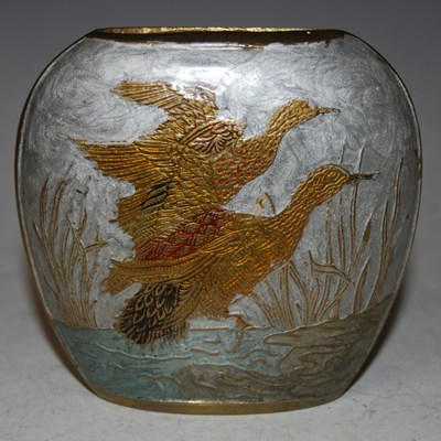Lot 272 - A gilt metal flattened oval-form vase,...