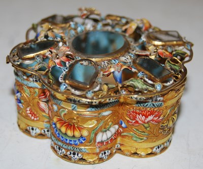 Lot 202 - A Chinese gilt metal and enamel flower-shaped...