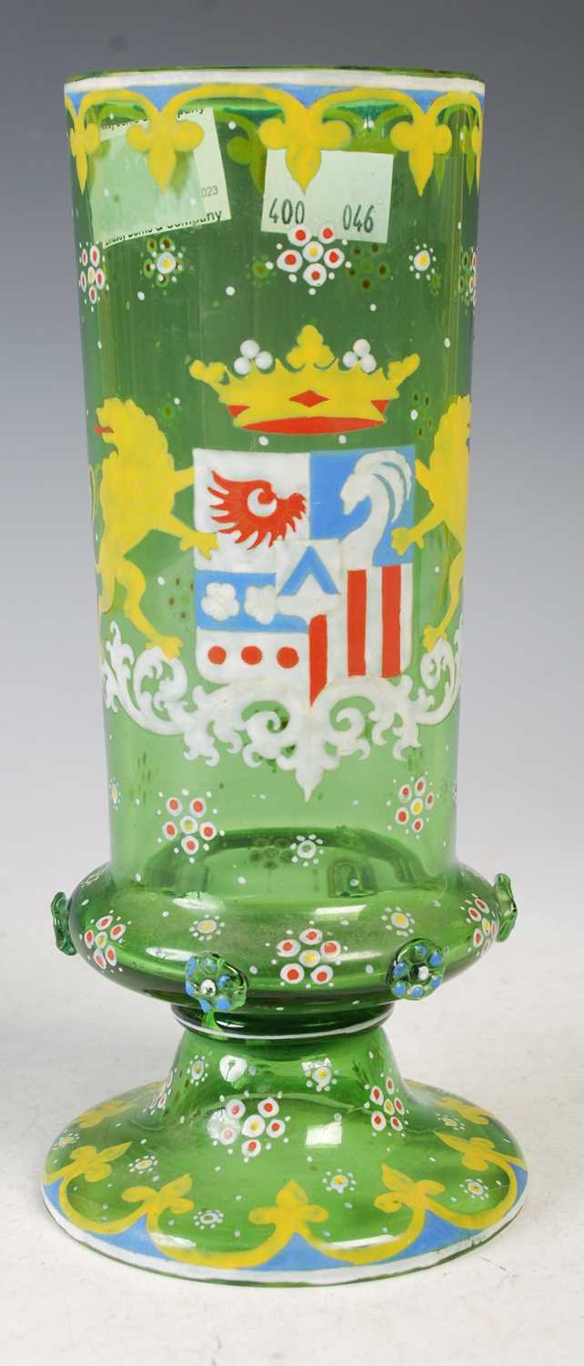 Lot 25 - A Continental green glass goblet with blue,...