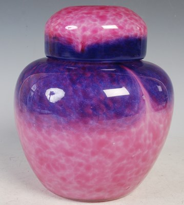 Lot 174 - A rare Monart jar and cover, mottled pink and...